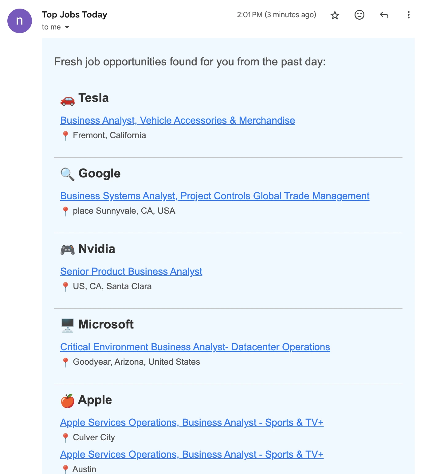 Example of business analyst job alert email