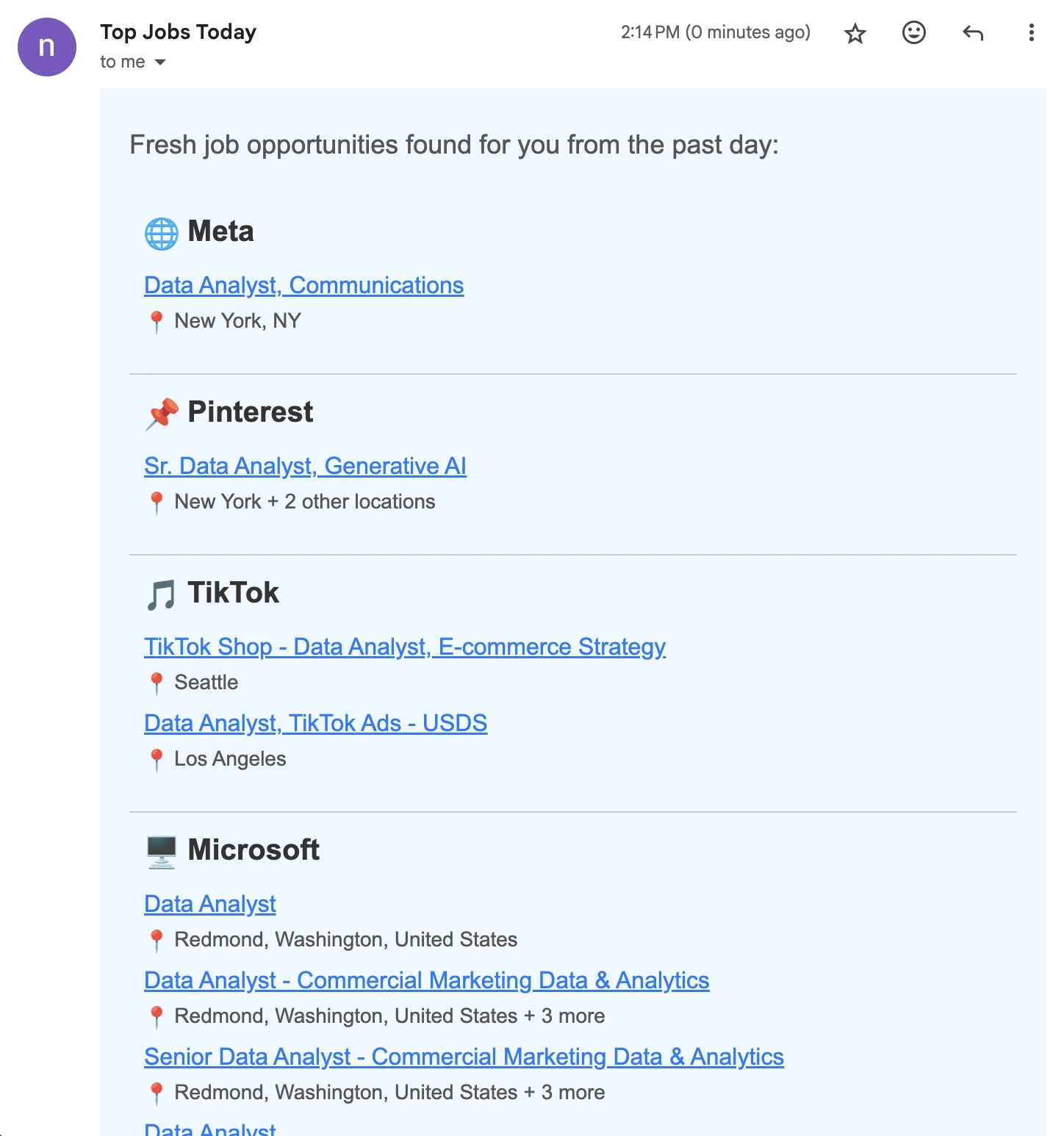 Example of data analyst job alert email