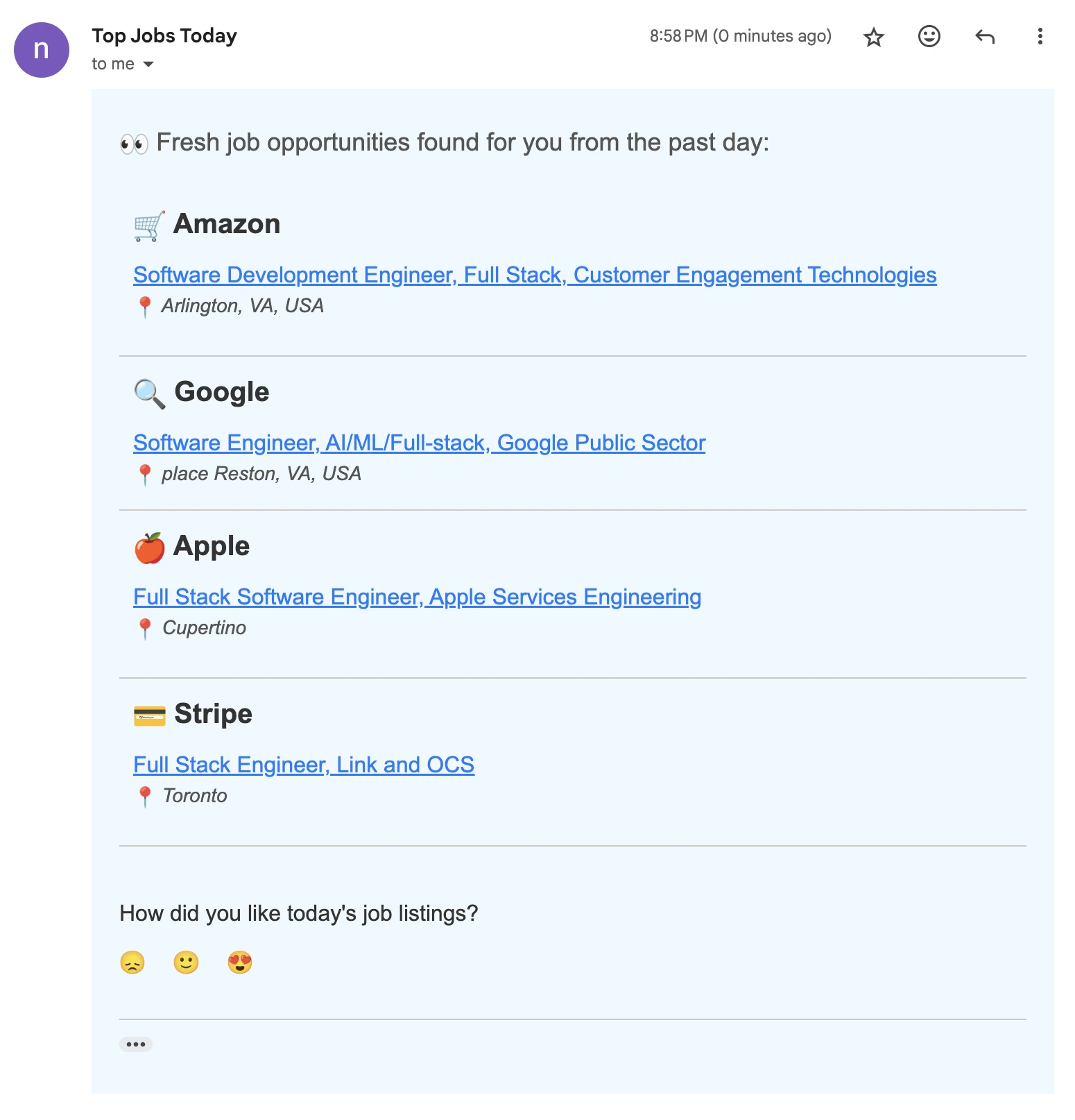 Example of fullstack job alert email