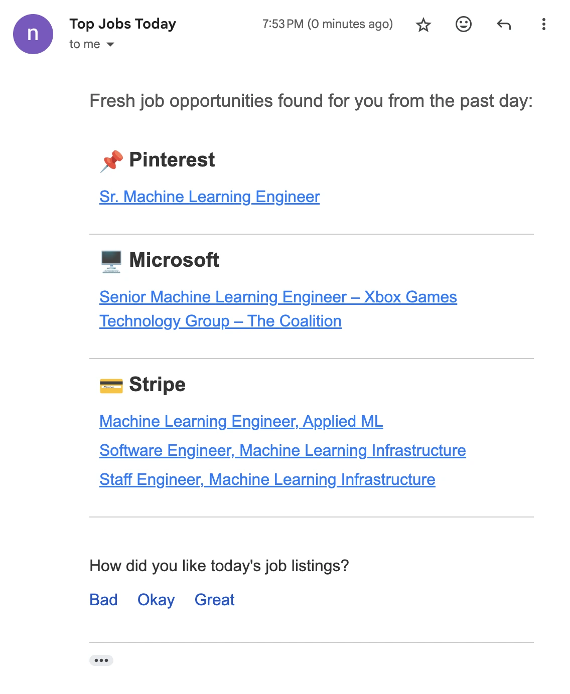 Example of ML job alert email