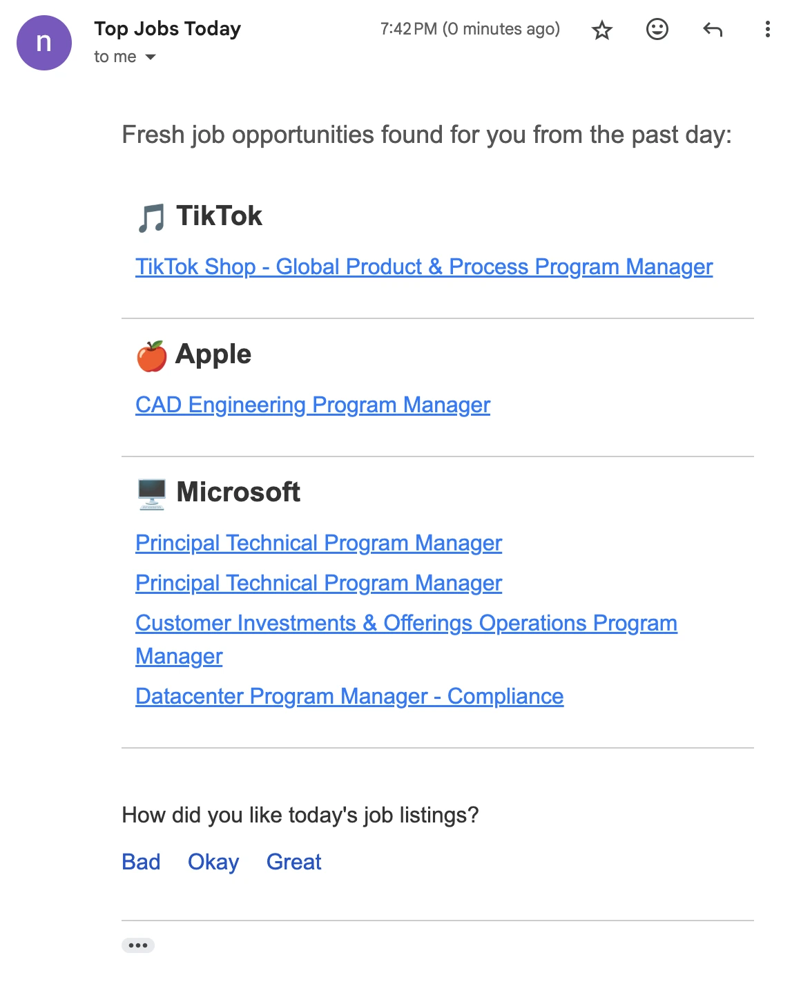 Example of program manager job email