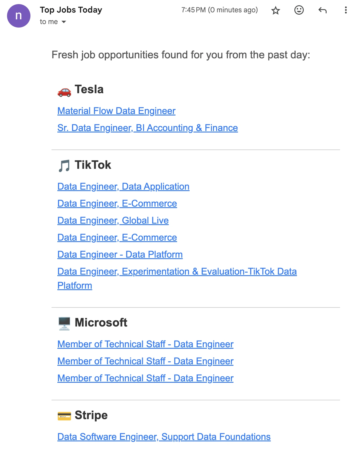 Example of H1B Visa data engineer job email