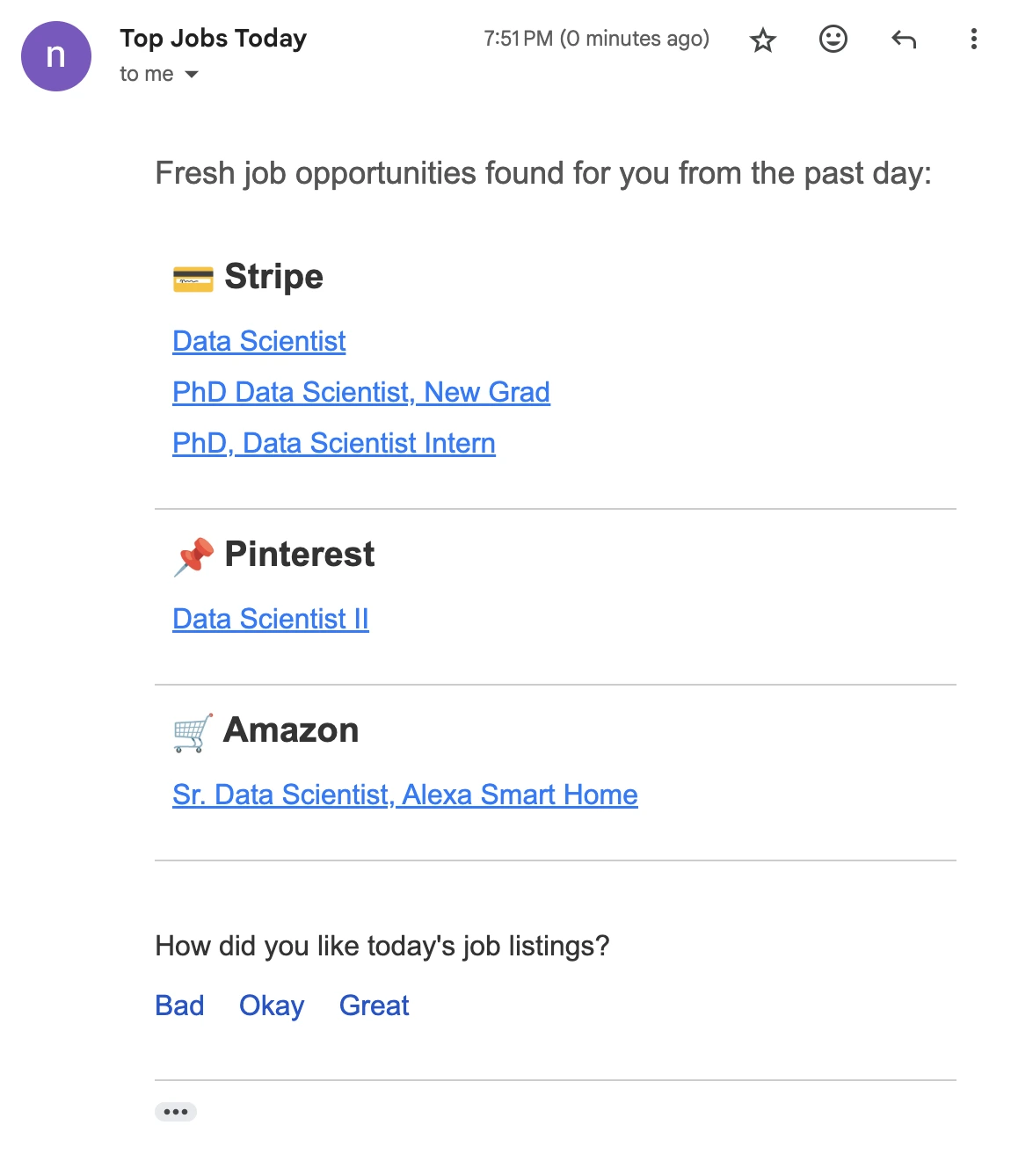 Example of data scientist job email