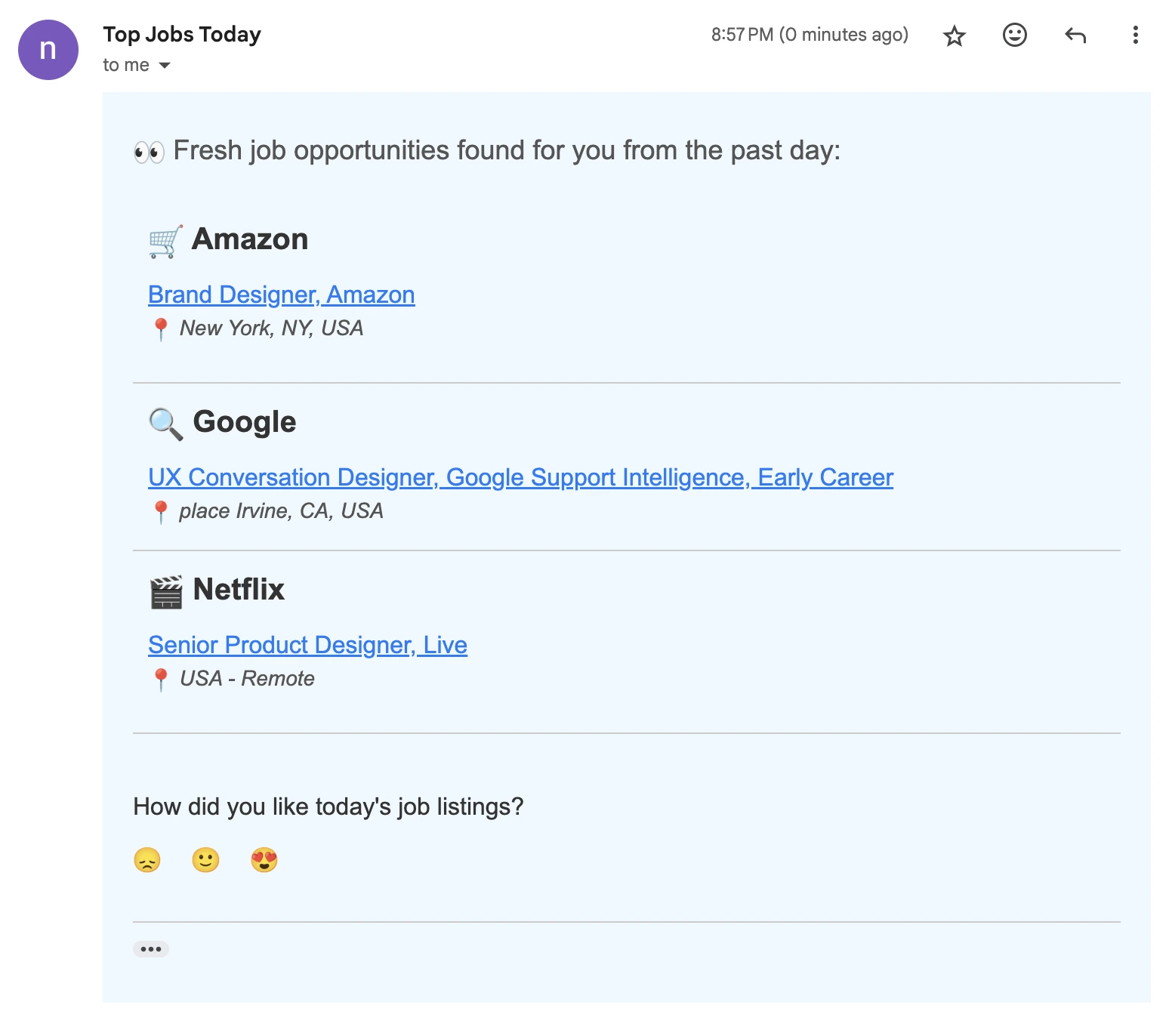 Example of product designer job alert