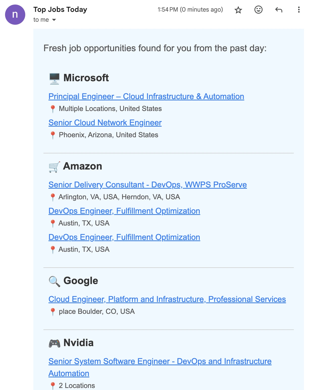 Example of DevOps job alert email
