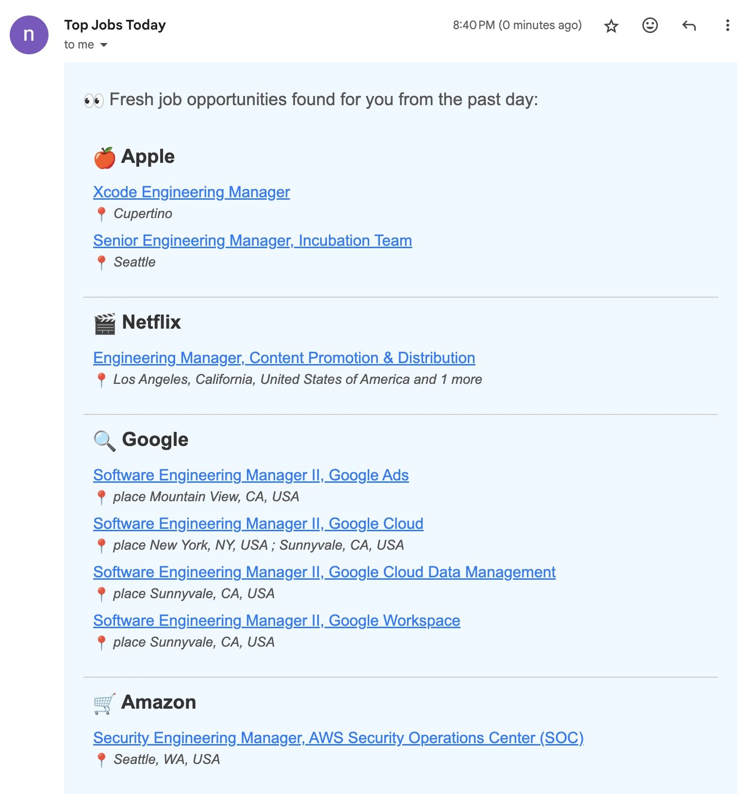 Example of engineering manager job alert