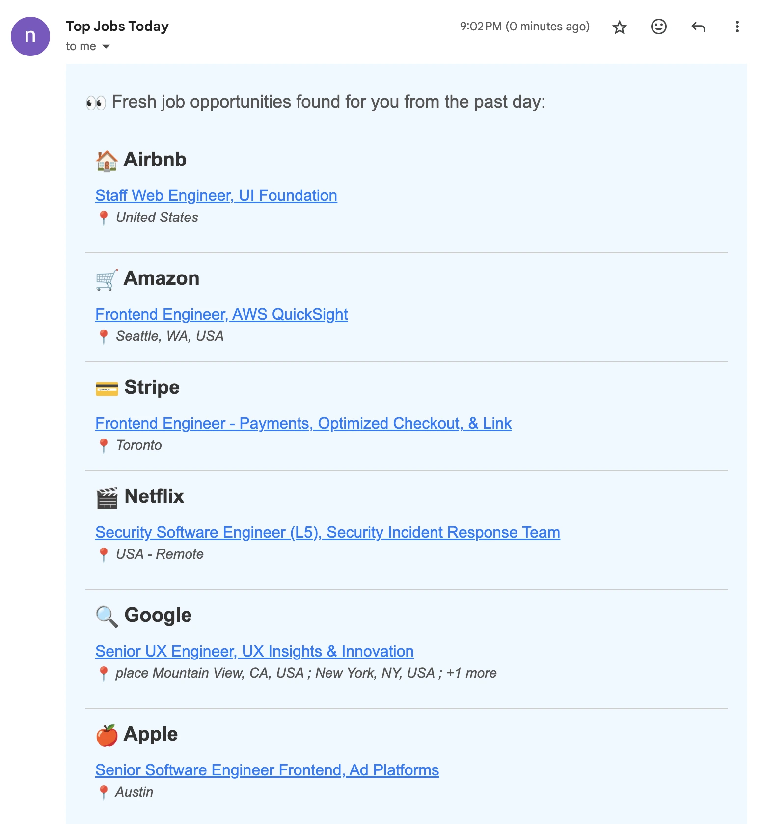 Example of frontend developer job alert