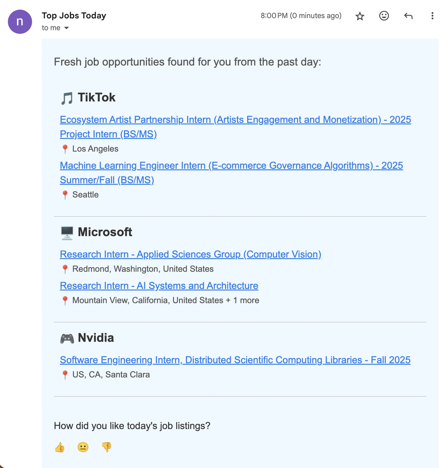 Example of internship job alert