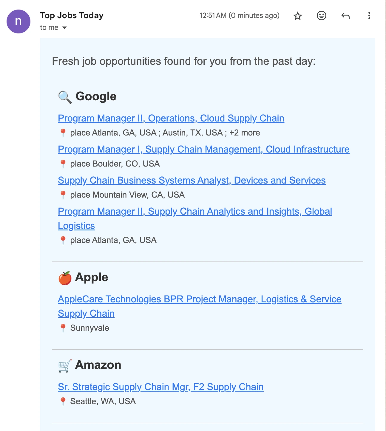 Example of supply chain job alert email