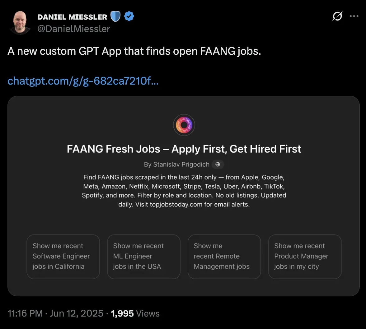 Tweet from Daniel Miessler about FAANG GPT